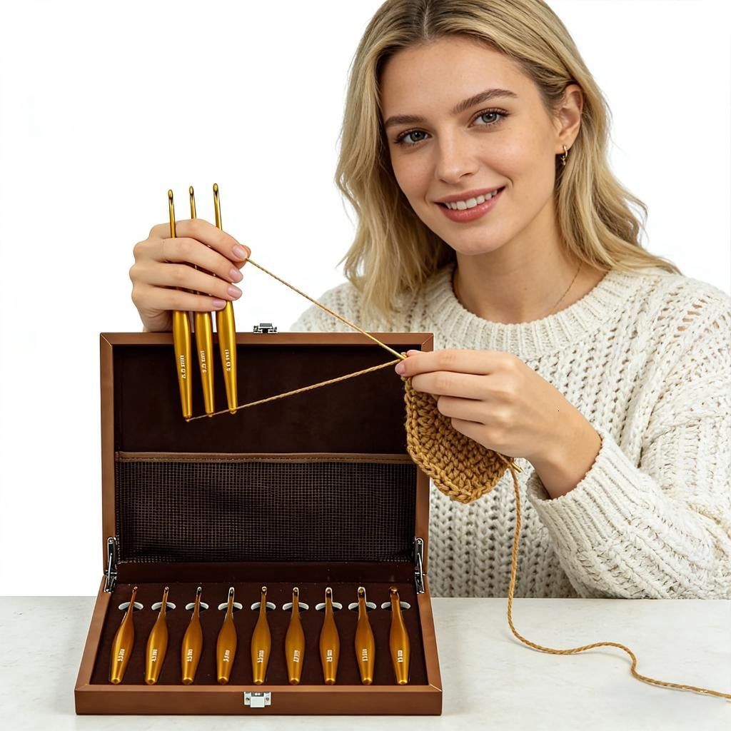 Giaone Alumina Detachable Crochet Hook Set Ergonomic Wood Handle Multiple Sizes Portable Storage Case