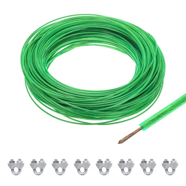Uxcell 1/16 Green Vinyl Coated Wire Ropes 197ft Galvanized Steel with 8PCS M3 Loop Sleeves