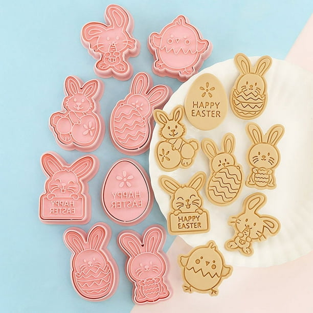 Juego de cortadores de galletas de Pascua | Moldes de plástico de 8 piezas para hornear galletas, pasteles y chocolate | Formas de conejito, huevo y pollito para niños y repostería navideña