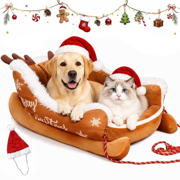 Christmas Sleigh Pet Bed, Plush Holiday Pet Sofa, Soft Winter Sleeping Bed for Dogs and Cats, Christmas Decor