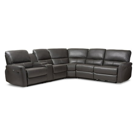 Baxton Studio Amaris Modern And Contemporary Grey Bonded Leather 5 Piece Reclining Sectional Sofa With Usb Ports
