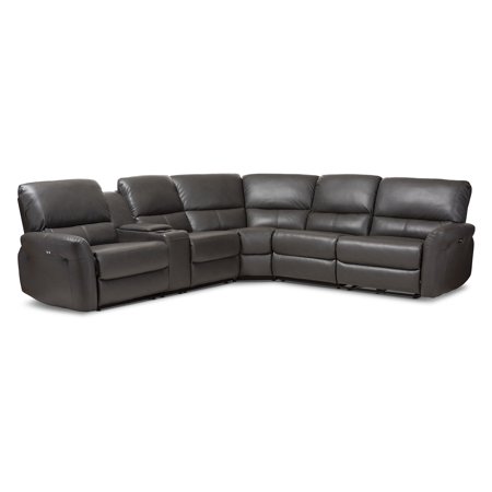Baxton Studio Amaris Modern and Contemporary Grey Bonded Leather 5-Piece Power Reclining Sectional Sofa with USB