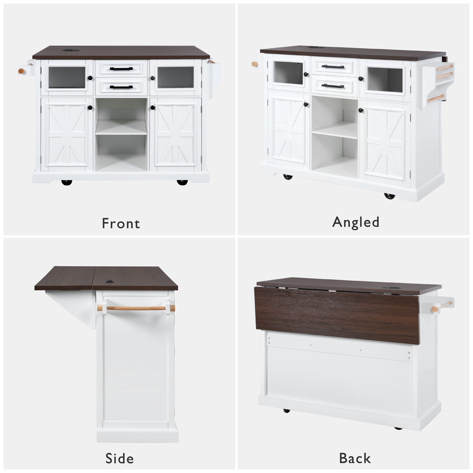 AENKYO 54.9'' Farmhouse Kitchen Island Cart with Drop Leaf, Charging Station, Adjustable Shelves, and Lockable Wheels, White