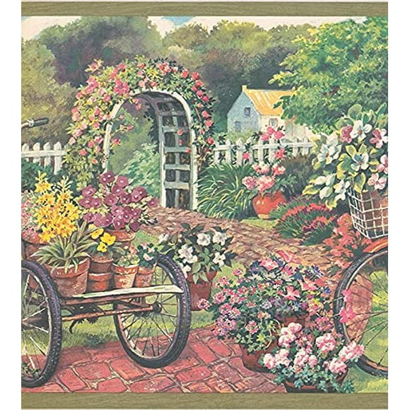 CONCORD WALLCOVERINGS â„¢ Bordure de Papier Peint Motif Jardin Fleurs Plantes de Jardin pour Salon Cuisine Cottage, Vert Brun Jaune, 15 Pi par 10 Po EG022124B