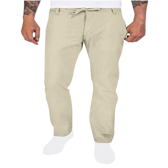 Pantalones de lino para hombre, largos, con cordón, bolsillos, cinturón elástico, rectos, lisos, para hombre