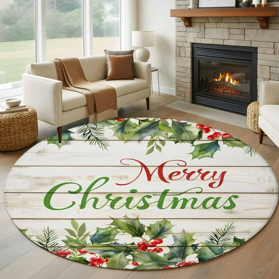 Merry Christmas Round Rug 5ft Washable Circle Kitchen Rugs Non Slip Xmas Winter Pine Needles Berries Wood Large Area Rug Indoor Floor Carpet for Bedroom Living Room Home Office Dining Room Nursery