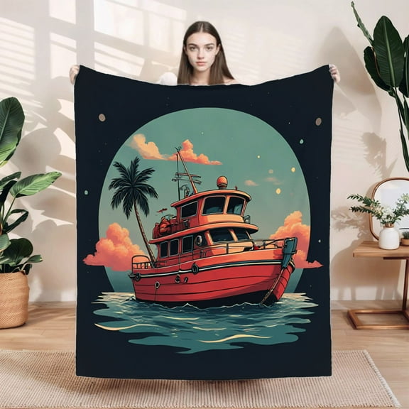 Cozy Flannel Blanket - Soft Warm Durable Perfect for Sofa Travel & Bed - Vibrant Red Boat & Tropical Palm Tree Design