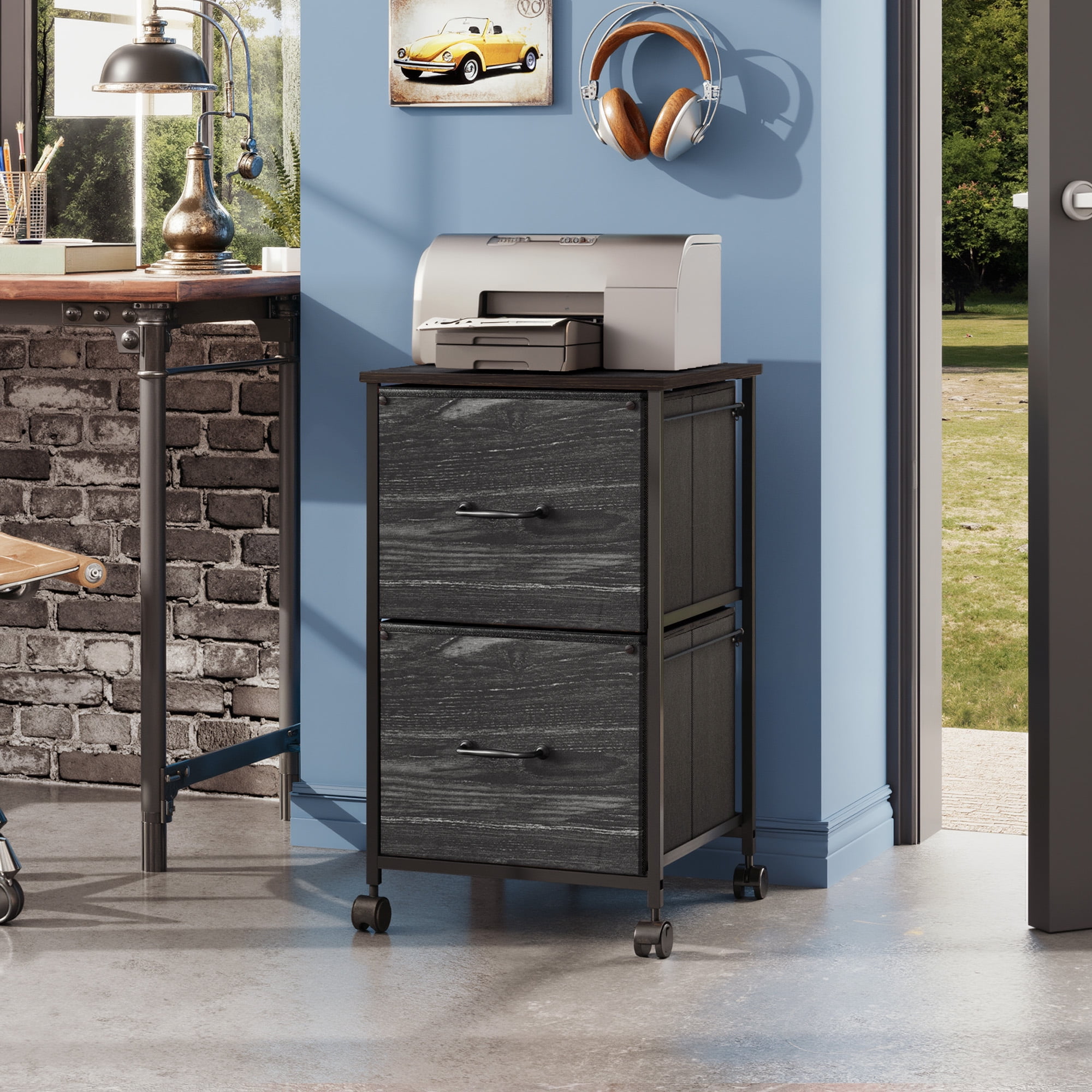 GALAXHERO 2 Drawer File Cabinet, Rolling Printer Stand Filing Cabinets for Home Office, Fabric Vertical File Cabinet Fits A4 or Letter Size,Charcoal Black Wood Grain Print