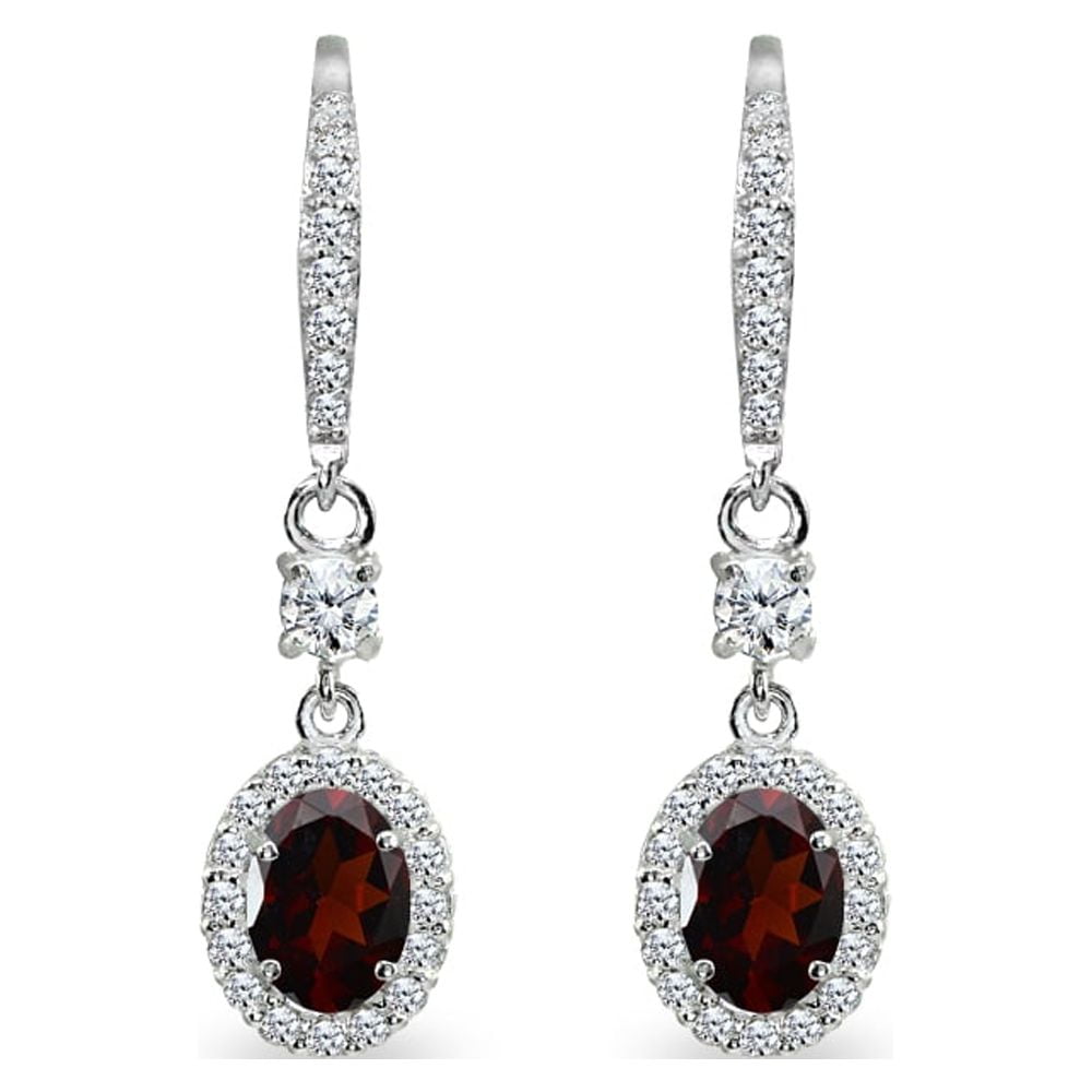 Garnet & CZ 7x5mm Oval Halo Leverback Dangle Earrings in 925 Sterling Silver