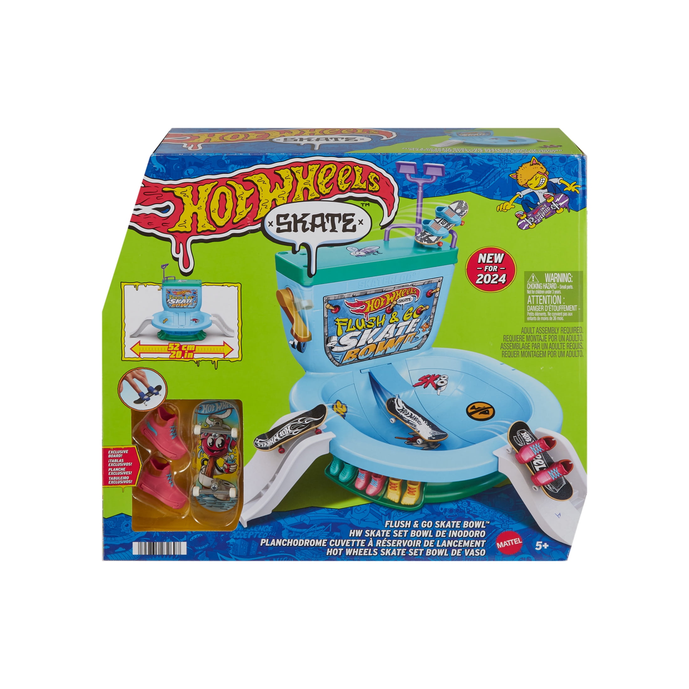 Hot Wheels Skate Flush & Go Bowl Fingerboard Set with 1 Board & Pair of Removable Shoes, 15 in