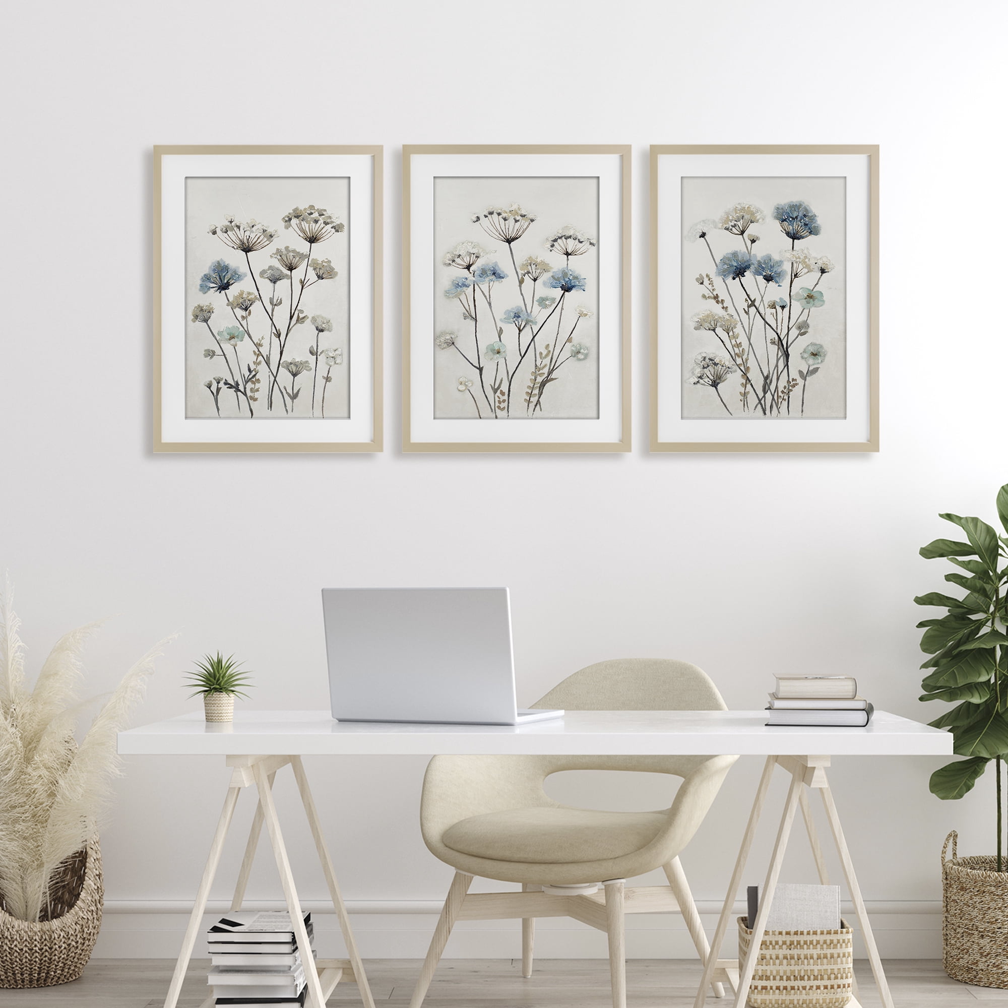 Stupell Industries Neutral & Blue Garden 3 Piece Birch Framed Print Under Glass Set, design by Patricia Pinto