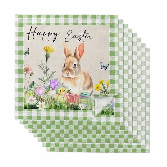 Cloth Napkins Set of 8 - 20x20 Inches, Happy Easter Bunny Washable Reusable Table Napkins, Spring Floral Burlap Sage Green Plaid Soft & Absortbent Dining Napkin for Party Wedding Hotel Restaurant