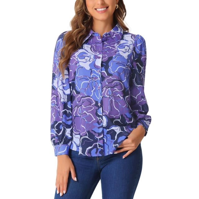 CAMISA DE MUJER CON ESTAMPADO FLORAL INSPIRE CHIC, CON BOTONES Y MANGAS LARGAS, BLUSA DE MODA CASUAL, TALLA XL, COLOR PÚRPURA