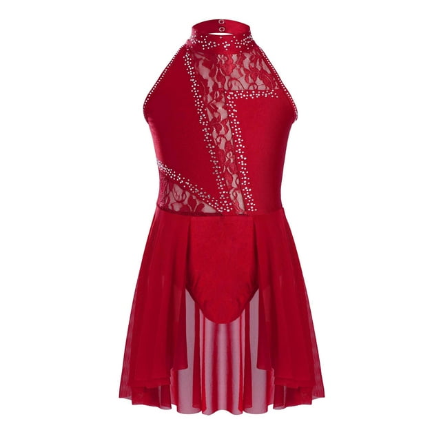 Aislor Robe de Danse Lyrique Moderne pour Filles, Robe Justaucorps en Dentelle Florale, Jazz Latin, Ballet, Bourgogne 10