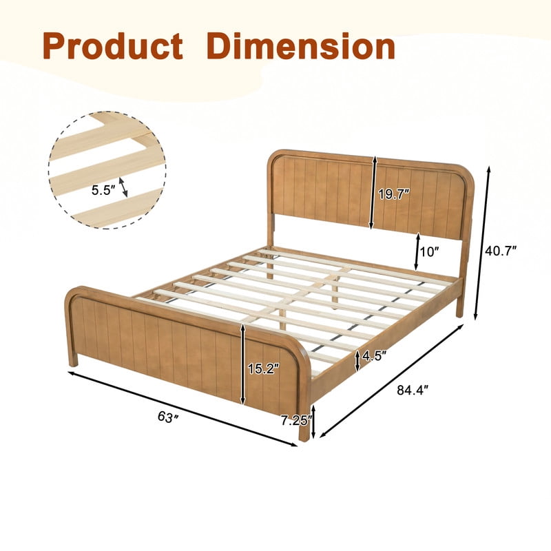 Queen Size Low Profile Bed Frame with Striped Headboard & Footboard, Wood Platform Bed with Slats Support & 7'' Under-Bed Space