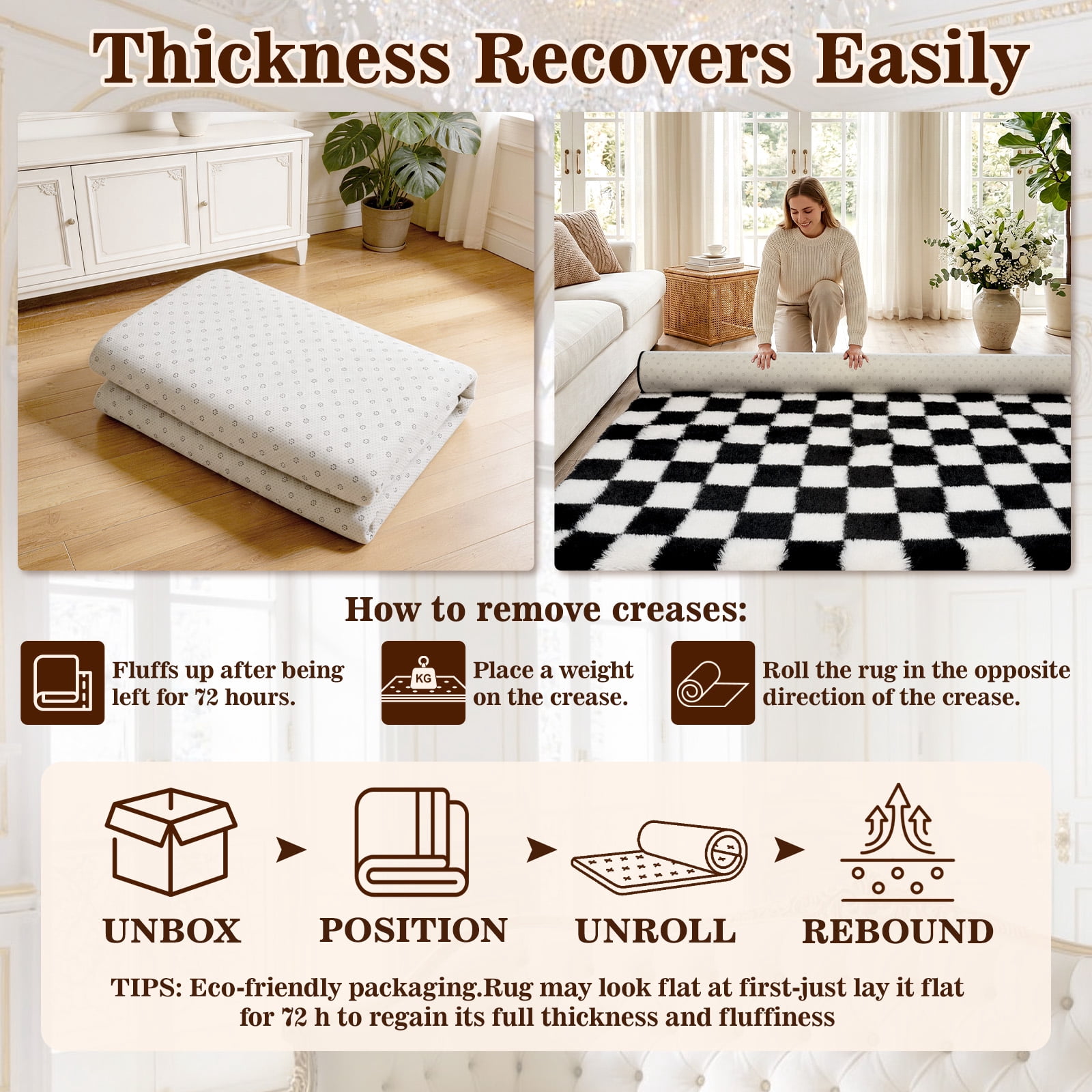 ZRSDIXK 8'x10' Area Rugs for Living Room, Large Shag Fluffy Rug Checkered Carpet, Black & White