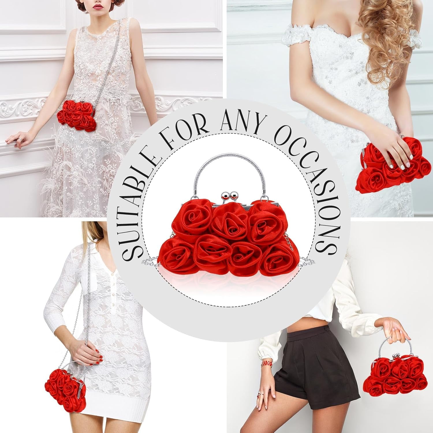 Women Evening Clutch Bag Rose Flower Floral Satin Small Purses with Detachable Strap for Wedding, Party, Prom