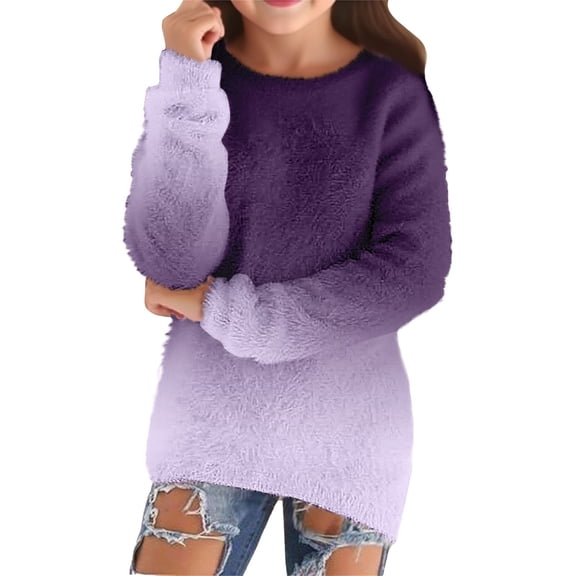 GiLiling Girls Loose Fluffy Fuzzy Sweater, Fall Winter Crew Neck Long Sleeve Top, Cozy Trendy Kids Shirt, Casual Cute Outfit for Teens (Purple, 15-16 Years)