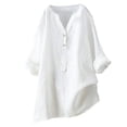 thumbnail image 1 of Blusa holgada de algodón y lino con cuello alto, manga larga y botones en color liso, 1 of 5