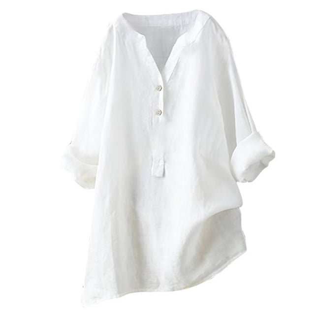Blusa holgada de algodón y lino con cuello alto, manga larga y botones en color liso