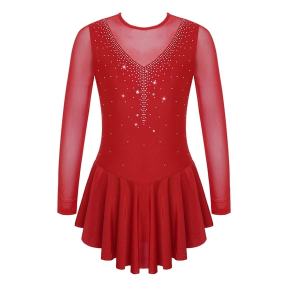 Mufeng Kids Girls Figure Skating Dress Professional Gymnastic Leotard Dress Long Sleeve Mesh Splice Burgundy 10