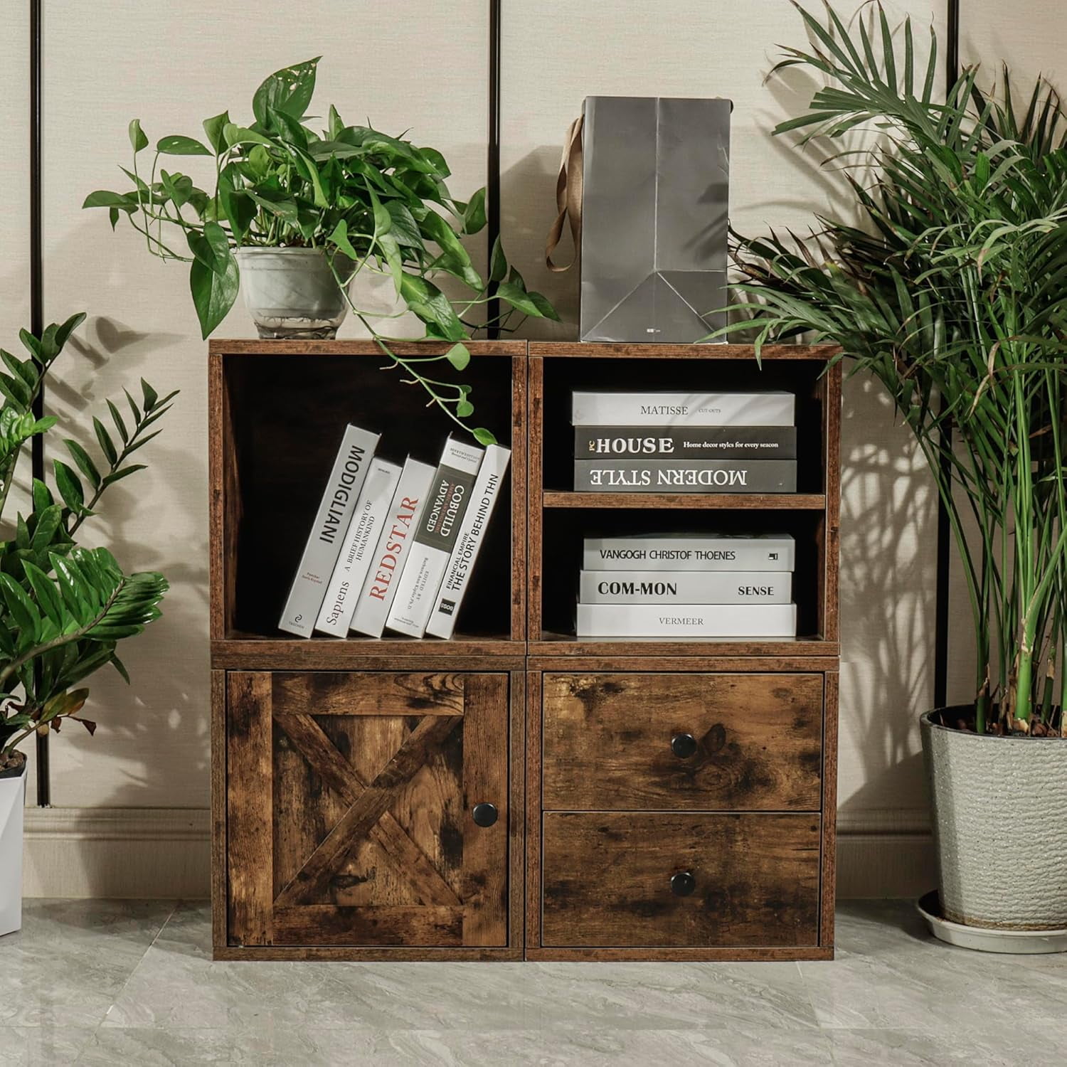 Magic DIY Cube Storage Organizer Stackable Cubes for Home Books Clothes Toy -Modular Cubby Storage System -Stackable Storage Cubes-Bookcase Closet (Antique Brown, 1 Layer Cube)