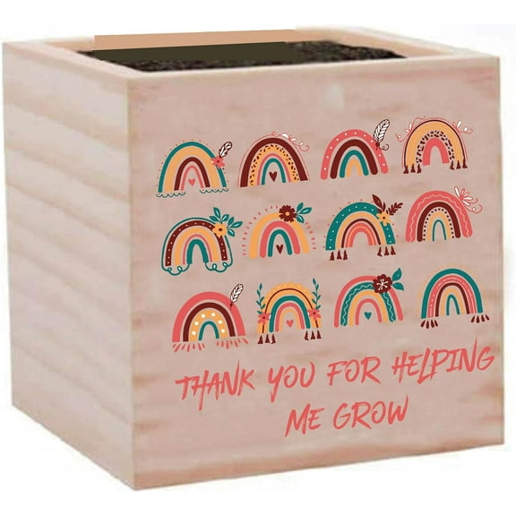 Plant Cube Appreciation Gift Square Wood Planter Box Small Rustic Rainbow Flowerpot Home Decor for Garden Indoor Outdoor Plants Teacher Parents Gift 3 x 3 Inch-Thank You For Helping Me Grow colorful