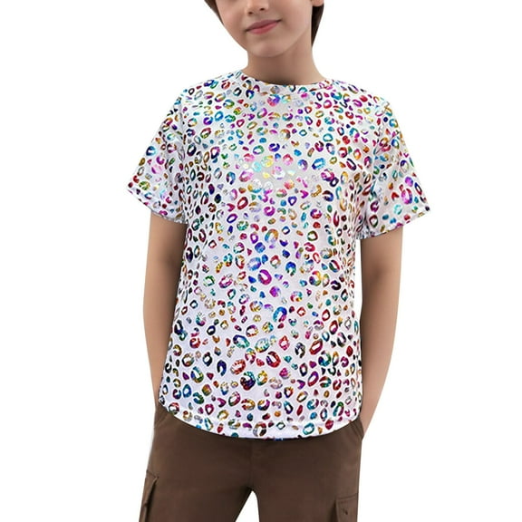 HXWCHs Toddler V Neck Sparkly Sequin T Shirt Girls Fashion Leopard Print Sequin Glitter Short Sleeve Tee for Daily Performance and Party Outfits 4-5 Years White