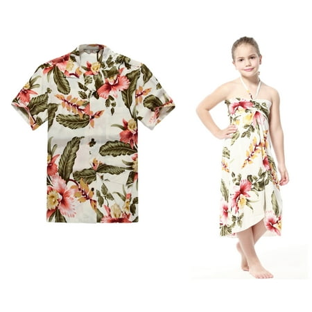 Matching Hawaiian Luau Outfit Men Shirt Girl Dress in Cream Rafelsia Men 2XL Girl