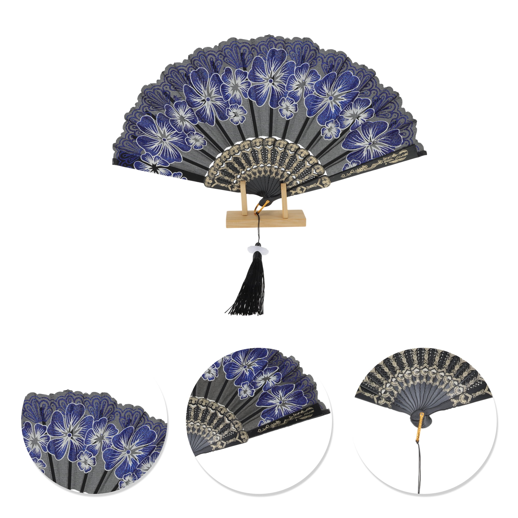 Unique Bargains Rose Lace with Tassel Folding Fan for Weddings and Parties 1 Pc Blue