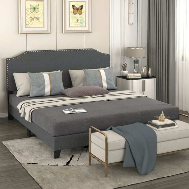 Topmax Upholstered Platform Bed Frame, Light Grey Bed Frame And Headboard