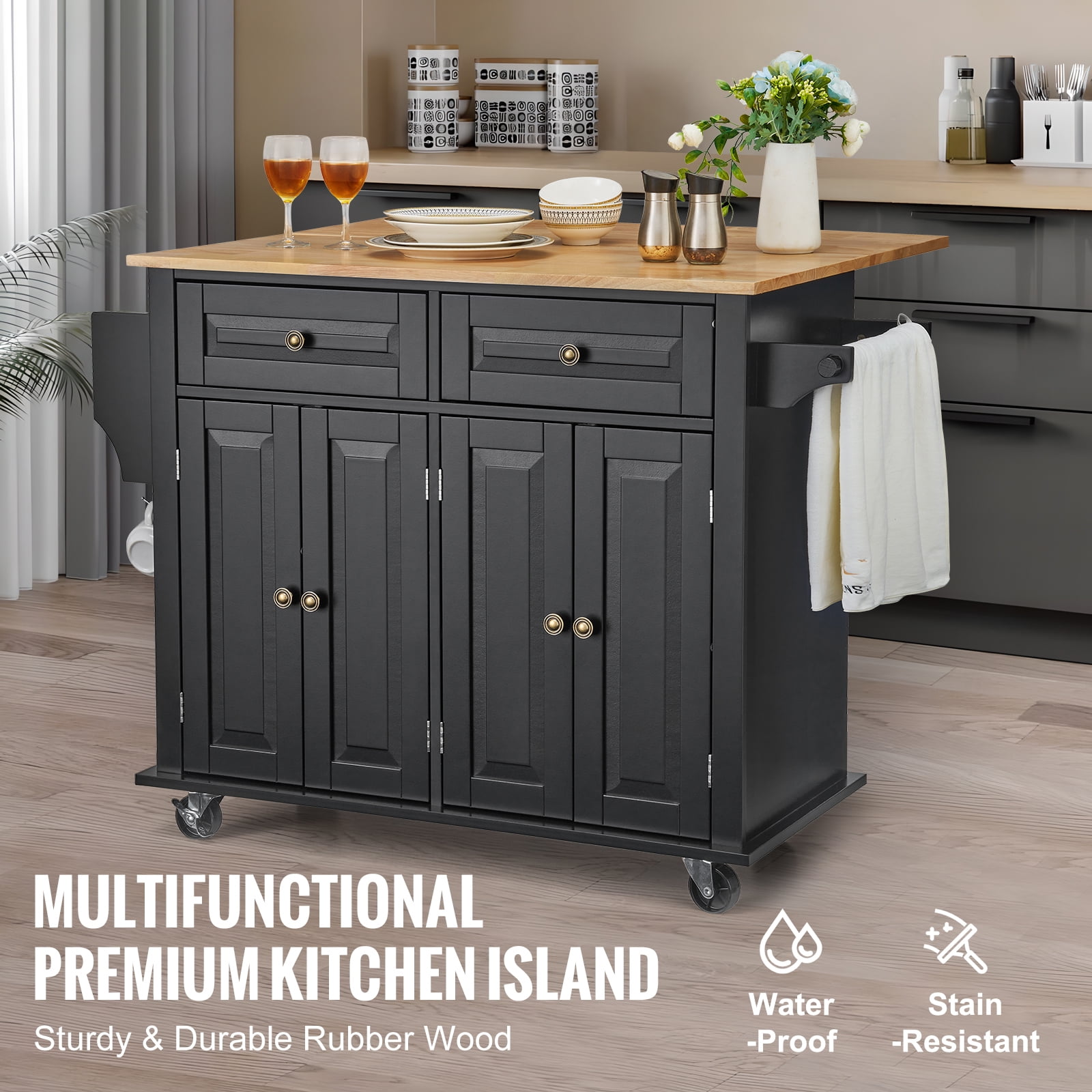 KFFKFF Mobile Kitchen Island, 43" Wooden Surface, Equipped with Cabinet Storage, Extendable Table, Spice Holder, Towel Handle, Single Drawer, and Hooks, Easy-to-Move Casters, in Black