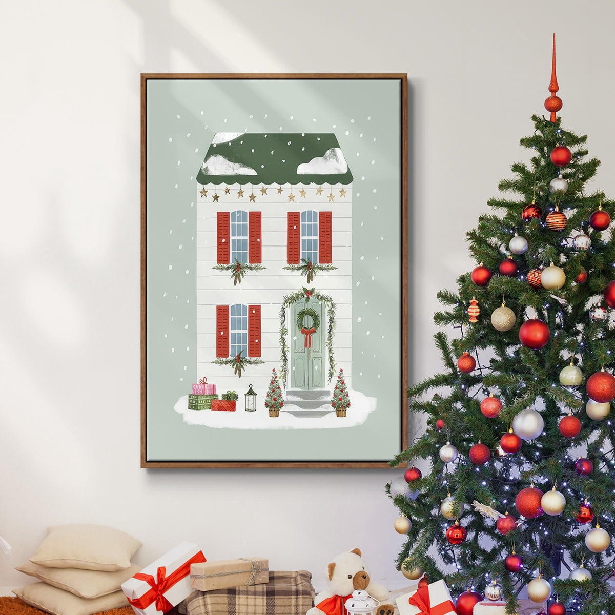 Festive Front Door IV - Framed Gallery Wrapped Holiday Canvas - 25 x 37 - Rosewood Frame