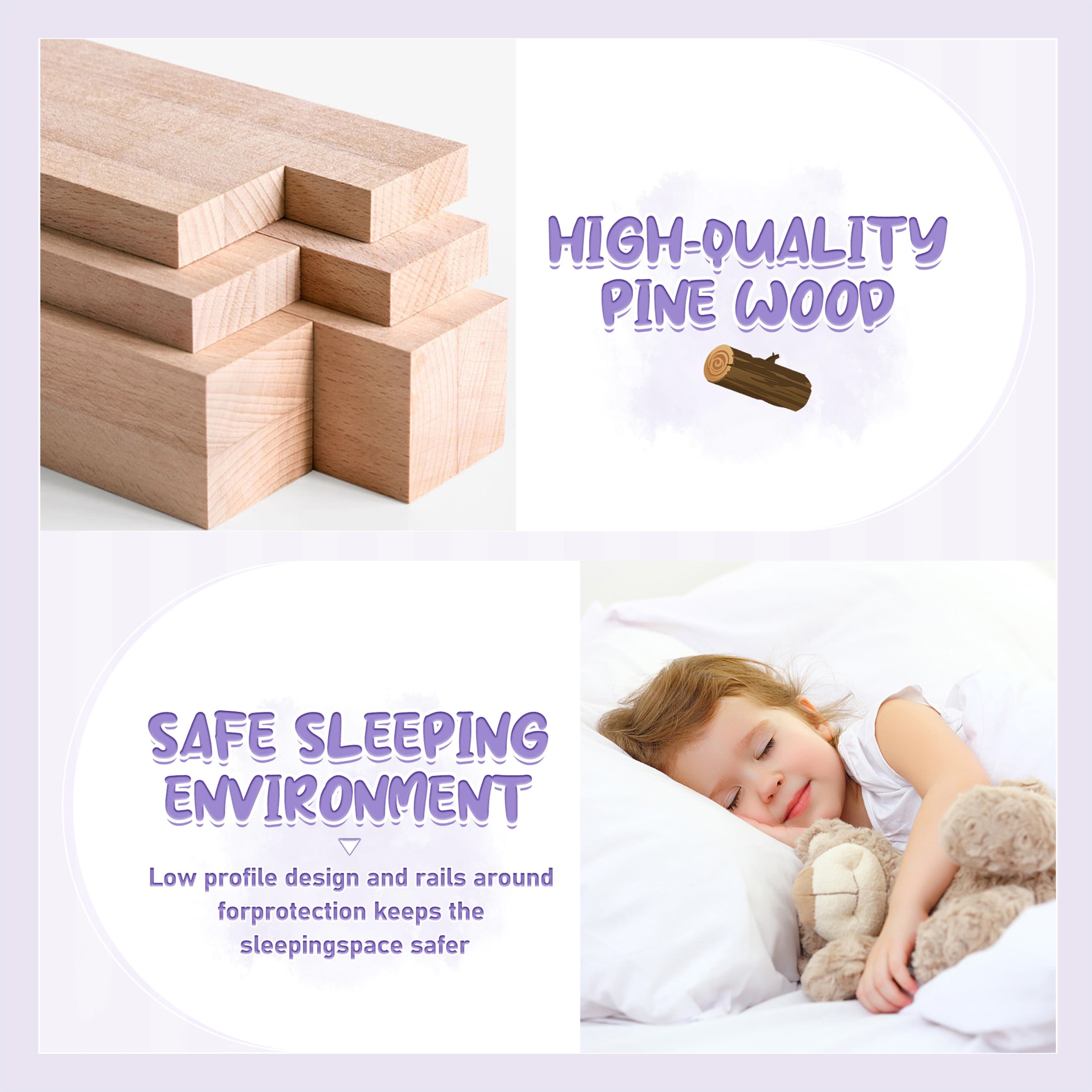 Aukfa Full Size Floor Bed for Kids Children, Wood Montessori Bed Frame with Safety Guardrails and Door, White