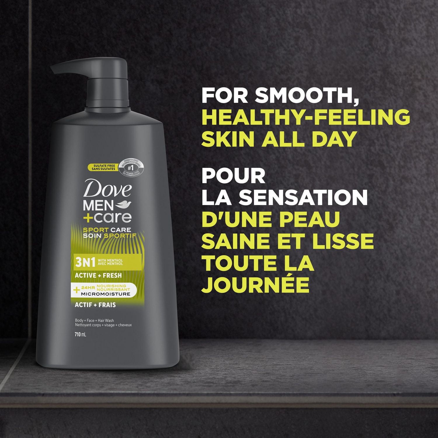 Dove Men+Care Re-energizing Active + Fresh 3N1 Body, Hair and Face Wash with 24-Hour Nourishing Micromoisture Technology Body Wash for Men, 710mL, 710mL