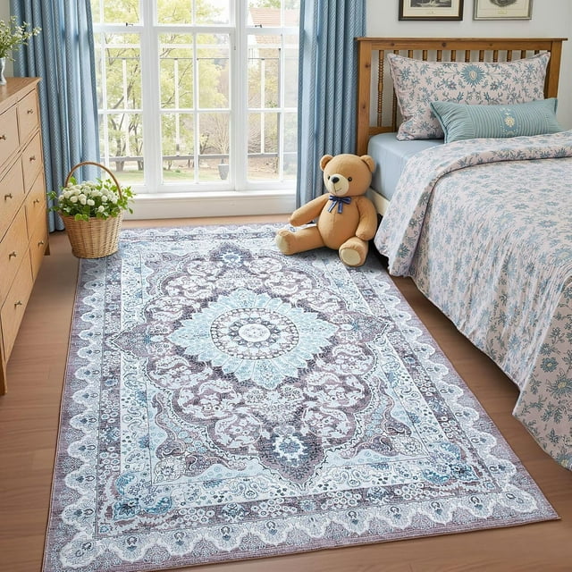 Macgace 3x5 Washable Rugs for Living Room, Faux Wool Vintage Rug for Bedroom Dining Room, Low Pile Soft Boho Floor Covering Carpet Retro Distressed Medallion Mat Traditional Interiors, Brown & Blue