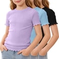 thumbnail image 3 of KyCheLot 3 Pack Ribbed Knit Tops for Girls Crew Neck Solid Color Short Sleeve T-Shirts Trendy Ruffle Trim T-Shirts, 3 of 5