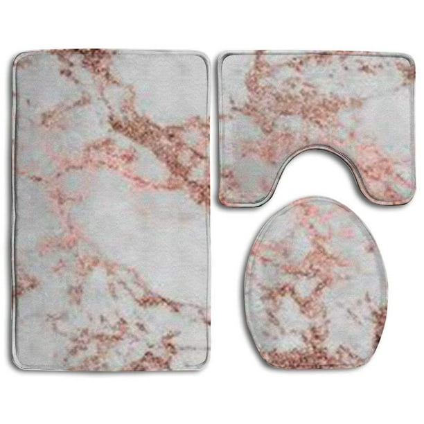 PUDMAD Rose Gold White Marble Texture 3 Piece Bathroom Rugs Set Bath
