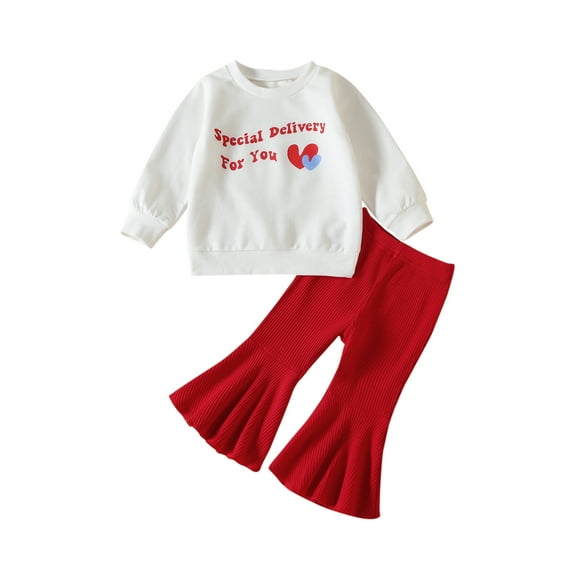 Qmyliery Kid Girls Pants Suit, Long Sleeve Round Neck Letters Print Tops + Casual Bell-Bottomed Pants,0-3 Years