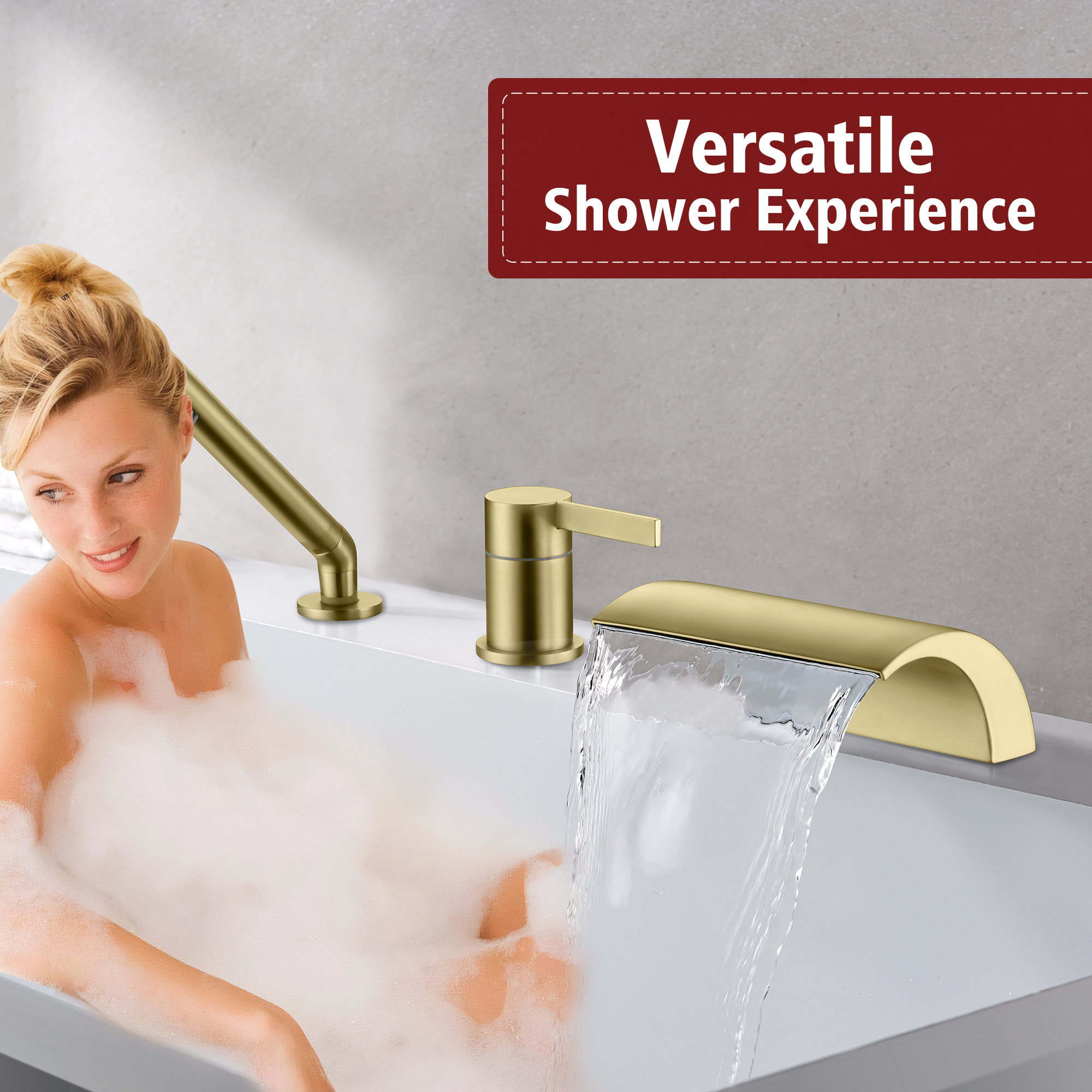 SUMERAIN Waterfall 3 Holes Roman Tub Faucet Brushed Gold, High Flow Bathroom Tub Filler with Handheld Shower