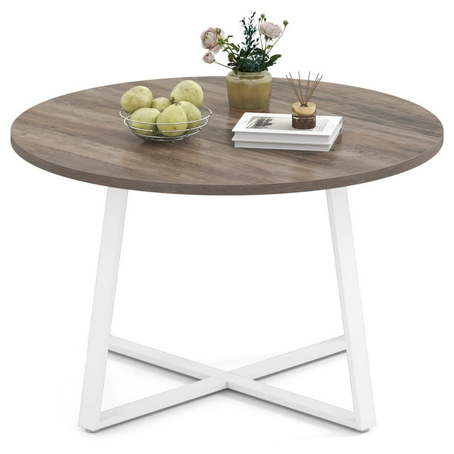 Gymax 47'' Round Dining Table w/Metal Pedestal Base Stable X-shaped Base for Kitchen Natural & White