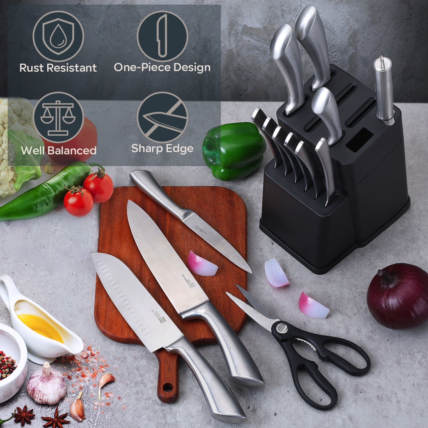 Vesteel Knife Set, 15 Pcs High Carbon Stainless Steel Knife Block Set Kitchen Knives with Sharpener Kitchen Shears, Ergonomic Handle & Sharp Blade