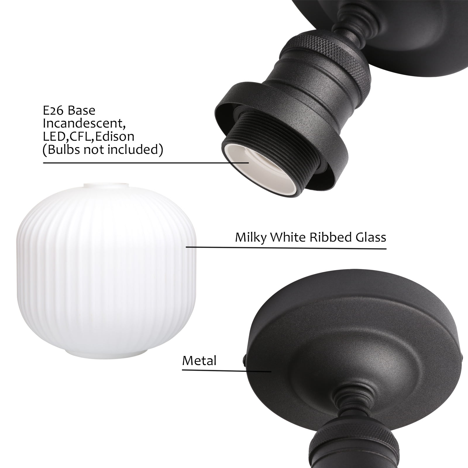 Pathson Industrial Semi Flush Mount Ceiling Light, Milky White Ribbed Glass Close to Ceiling Light for Living Room Dinning Room Kitchen Porch