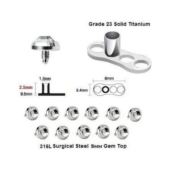 Set of 25 Solid Titanium Base & 5MM Dermal Top Piercing Jewelry