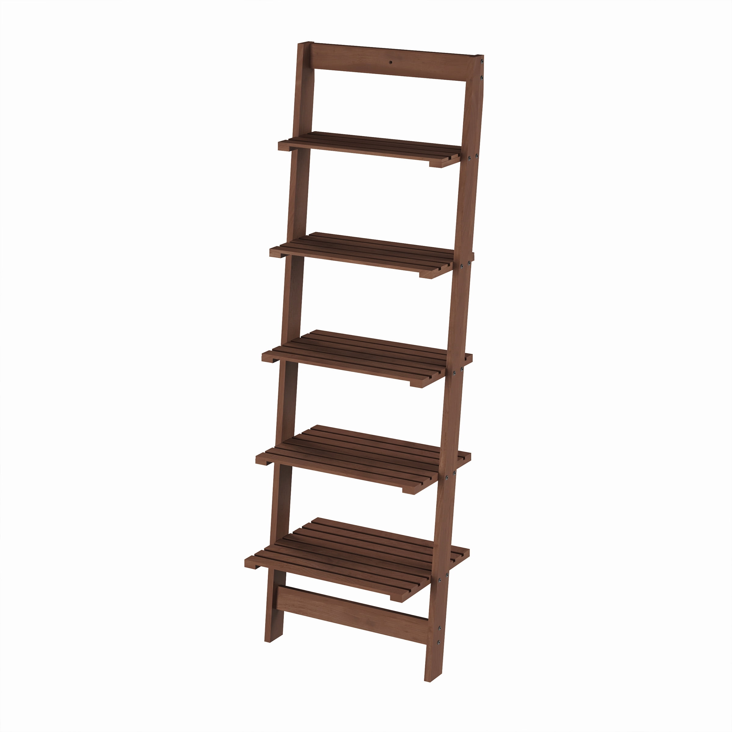 Lavish Home 5-Tier Slatted Wood Leaning Ladder Shelf in Walnut Finish for Narrow Storage