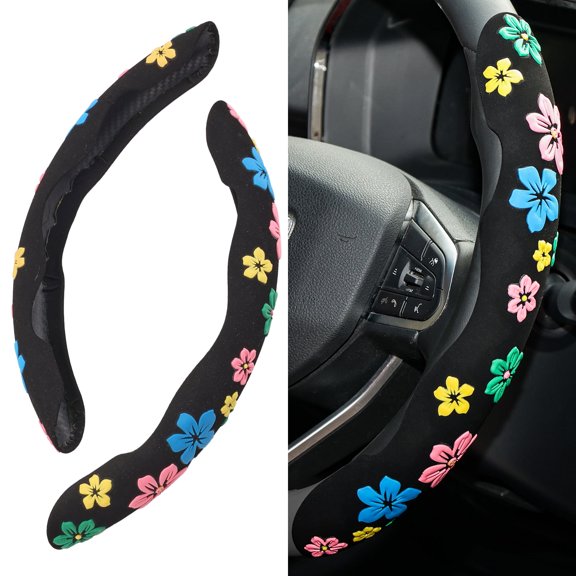 XUKEY 2PCS Suede Car Steering Wheel Cover Booster Black Fleece Printed Anti-slip for Women Lady