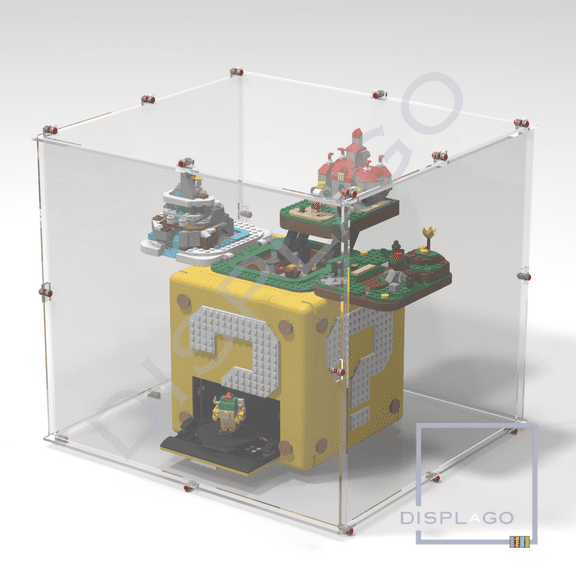 Display Case for LEGO® IDEAS #71395 “Mario Cube”. Open position. Display case for minifigures. Star Wars® display case. Compatible LEGO® display.