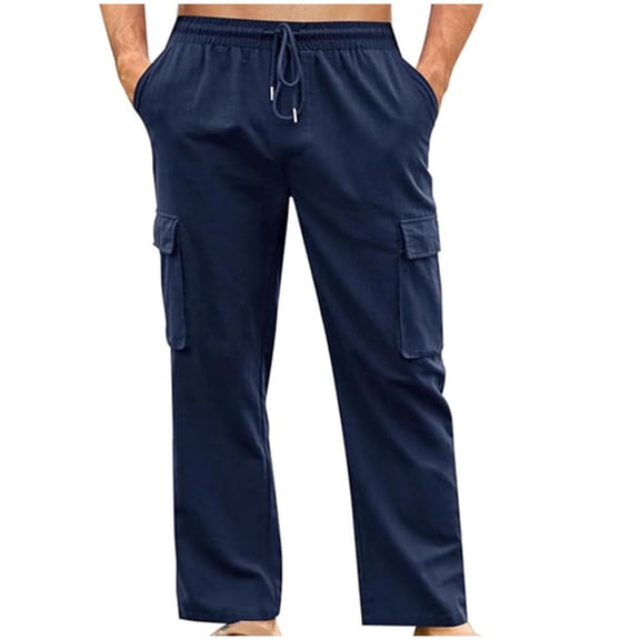 FNFYFH Men's Cotton Linen Pants Lightweight Relax Fit Cargo Pants Drawstring Straight Leg Sweatpants with Multi Pockets