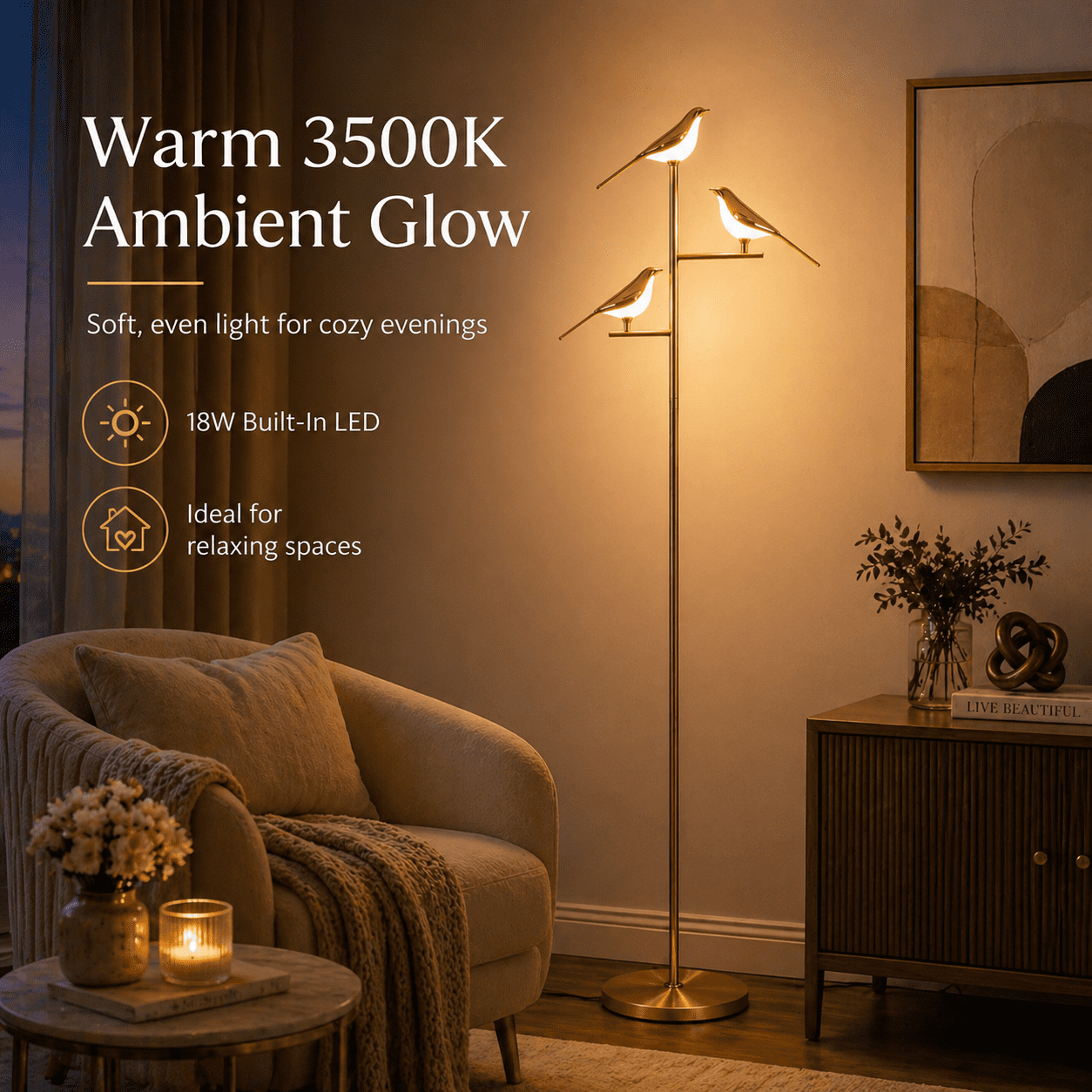 74" Floor Lamp for Living Room,3 Bird Floor Lamp with Remote Control,Dimmable Standing Lamp Tall Pole Lamps for Bedroom,Gold,Bulb Included