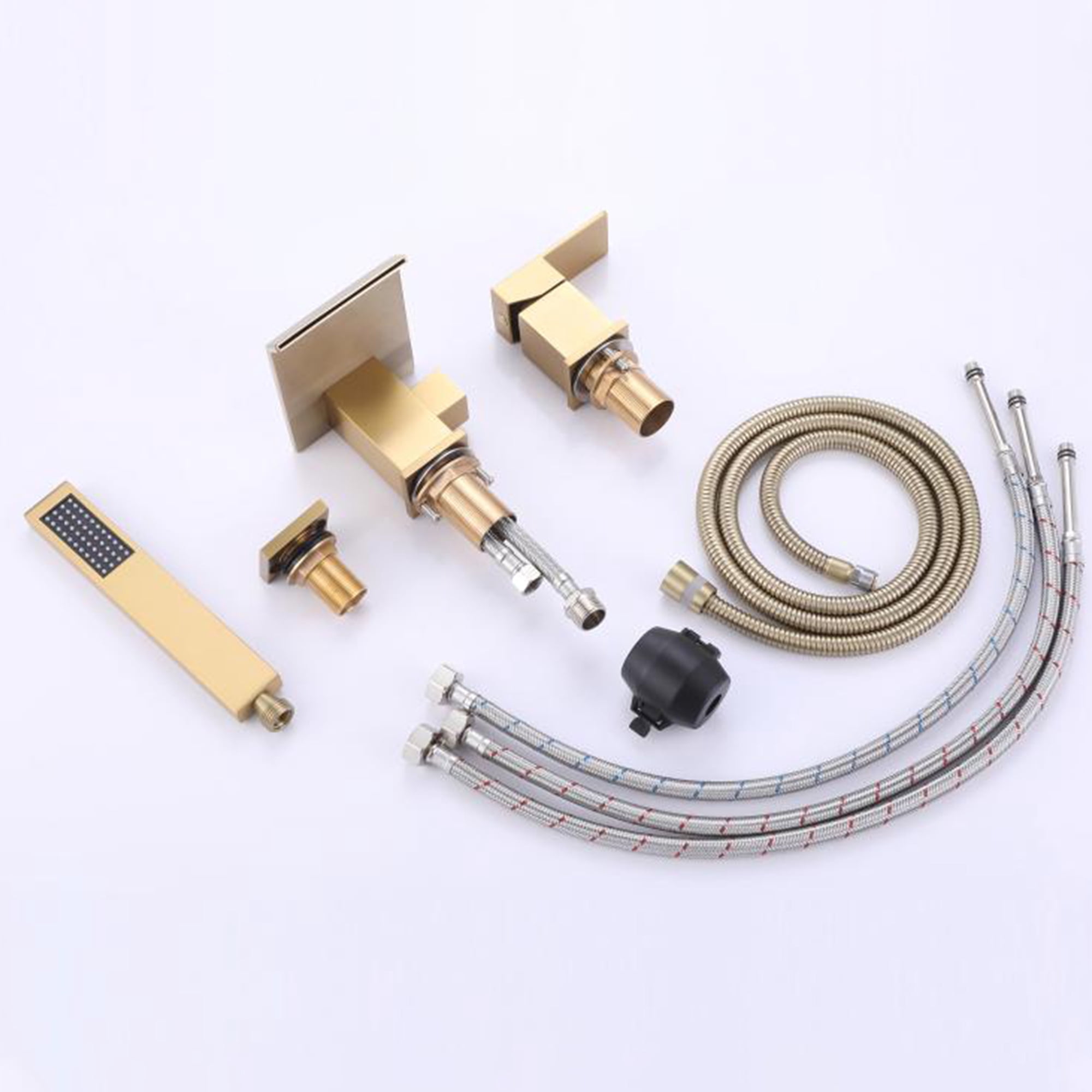 Three Holes Deck Mounted Roman Bathtub Faucet with Hand Shower, Widespread Waterfall Tub Filler